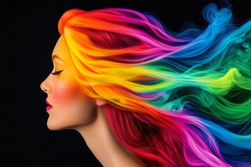 Woman with rainbow colored hair. hair is long, flowing, with each strand of hair having a different color. vibrant smoke figure of a woman's head in profile with rainbow colors on a black background.