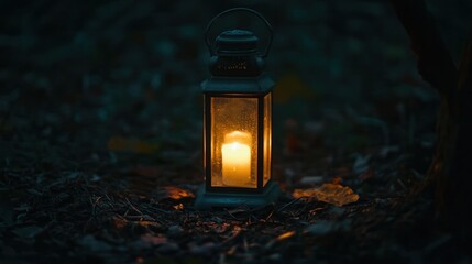 Glowing lantern in darkness with warm ground light. Serene illumination