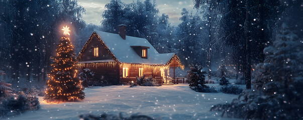 Canvas Print - Twilight scene of a snow-covered house with a christmas tree in the front yard, nestled in the woods