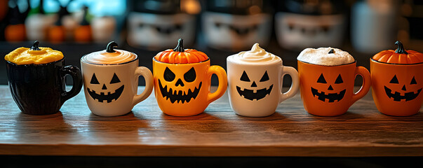 Canvas Print - Festive halloween coffee drinks are lined up on a cafe counter, with spooky latte art and jack o lantern mugs