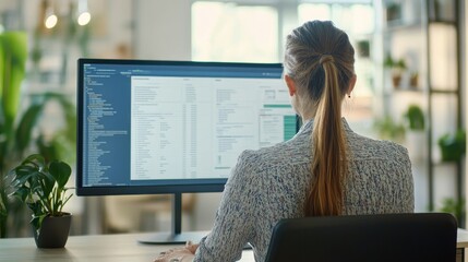 Woman Working on Computer Code in Office