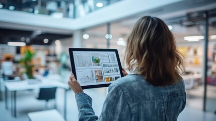 Woman Browsing Online Shopping on Tablet in Furniture Store