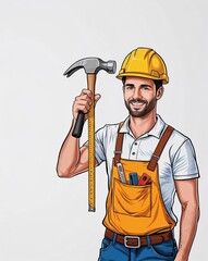 Hand drawing clipart of a man carpenter holding a hammer and measuring tape on plain white background