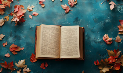  An open book with colorful flowers and leaves in the background, books in an old vintage style with space for text or design, blue wall background, orange tones, soft light, fantasy b Generative AI .