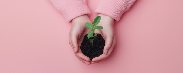 Nurturing hands cradle small sapling, symbolizing growth and care against soft pink background. This evokes sense of hope and connection to nature