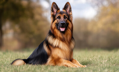 majestic German Shepherd dog with beautiful coat, sitting gracefully in lush green field, exuding confidence and joy