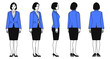 © Timurock - Young beautiful business woman wearing blue blazer, white shirt, black pants and shoes standing in front, back, side, half-turn view. Isolated linear vector illustration
