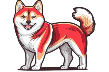 Illustration of a cheerful Shiba Inu with a fluffy tail, showcasing its distinct red and white markings and friendly expression.