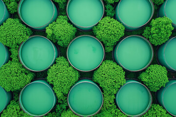 Rows of oil storage tanks with greenery surrounding, environmental focus in industrial processing, peaceful vibe