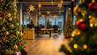 © john - Modern office space is decorated for the holidays with christmas trees, lights, and festive cheer