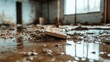©  Jovaduplex - A flooded space where muddy water dominates the floor, with a solitary piece of wood afloat, illuminated by natural light streaming through the windows.