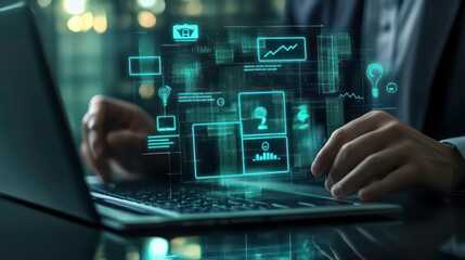 Aufkleber - A businessman working on a laptop with various digital icons and data visualizations appearing above the keyboard.