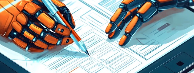 An isometric illustration of an AI robot hand writing on paper with a pen, drawing out forms and shapes for website wireframe design.