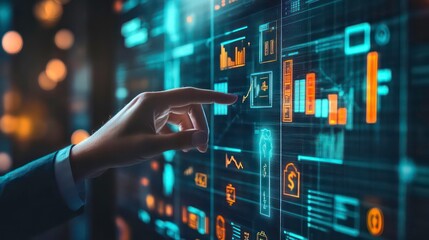 Fototapete - A hand in a suit reaches out to touch a futuristic touchscreen interface with data and charts.