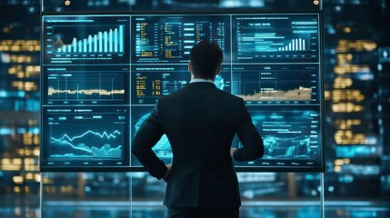 Poster - A businessman stands in front of a large screen displaying data and charts, looking at the city skyline at night.