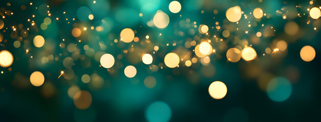 Poster - Abstract blur bokeh banner background. Gold bokeh on defocused emerald green background