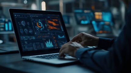 Aufkleber - A businessman working on a laptop with data charts and graphs displayed on the screen.