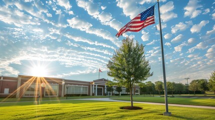 Wall Mural - american flag waving in front of a brick building at sunset