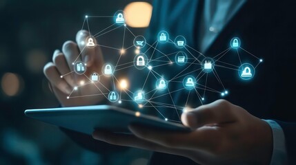 Aufkleber - A person's hands holding a tablet with a glowing network of icons representing security and data protection, showing a concept of online security, cybersecurity, or data privacy.