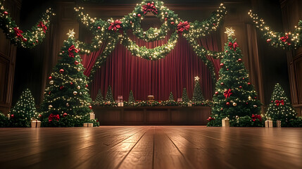 Poster - Decked out stage for a christmas celebration with garlands, wreaths, and christmas trees