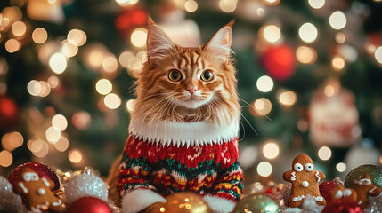 Xmas vibes - christmas mood - happy funny cute red mainecoon cat wearing santa claus hat in front of christmas tree. Horizontal banner.