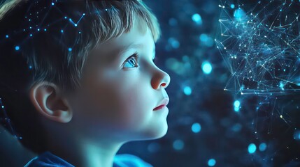 Aufkleber - A young boy looks up with wonder and curiosity at a glowing constellation of connected points.