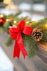 Hand-tied Christmas garlands made of pine branches and red ribbon, hanging from a wooden mantel, detailed close-up, with a cozy glow