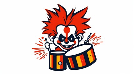 Cartoon clown with red hair energetically playing the drums.