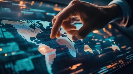 Aufkleber - A hand points to a location on an interactive world map, highlighting the concept of global connectivity and data visualization.