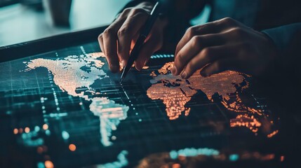 Poster - Close-up of a person's hands pointing at a digital world map with a pen, representing global business strategy, networking, and world connectivity.