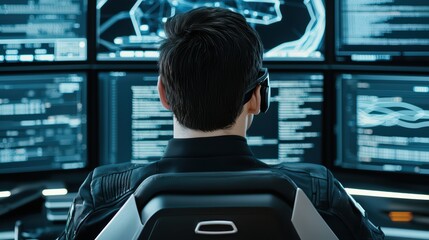 Person sitting in front of multiple computer screens displaying data and graphics, high-tech environment