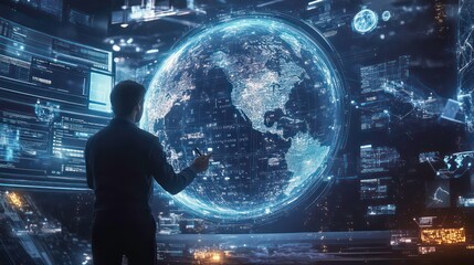 Fototapete - A businessman standing in front of a large digital screen with a holographic earth globe and data visualizations.