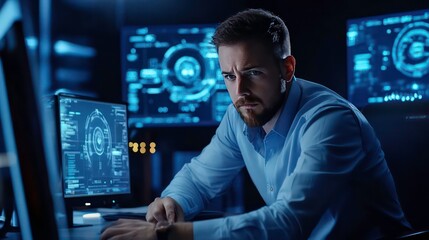 Aufkleber - A focused programmer works at his desk, analyzing data on multiple monitors.