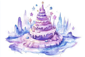 A whimsical watercolor illustration of a purple layered cake adorned with stars, set in a fantastical landscape.