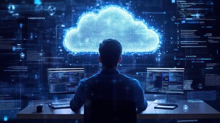 Poster - A programmer sits at a desk with two monitors, working on a project related to cloud computing, with a glowing cloud symbol above him.