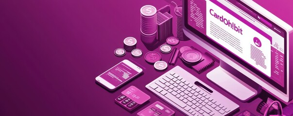 purple and white gradient background with digital financial elements and tech gadgets showcasing cry