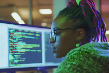 Young female programmer focused on code displayed on computer monitor, with colorful lights reflecting on her face, working in a modern tech environment at night