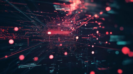 Fototapete - Abstract digital background with red and blue lights, lines and data.