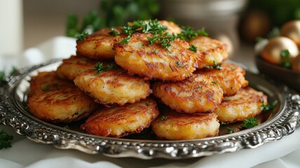 Latkes being served on a silver tray, garnished with parsley. Elegant presentation, white linen background. Traditional Hanukkah feel, soft lighting, vertical frame, copy space.