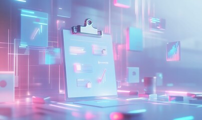 Neon clipboard with charts and graphs.