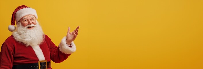 Cheerful Santa Claus, dressed in a traditional red suit, stands against a bright yellow background, gesturing with his hand toward the copy space. Merry Christmas and Happy New Year holiday.