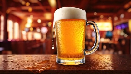 Glass of beer with beer foam and water dripping onto the bar counter in the bar. 