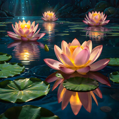 An ethereal, enchanting scene with luminous golden lotus flowers. Two large lotus flowers dominate, their glowing, translucent petals casting a warm, soft light that reflects on the still water below,