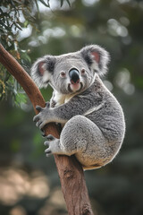 cute koala clings to tree branch, showcasing its fluffy gray fur and distinctive features. This adorable marsupial is surrounded by lush greenery, creating serene atmosphere