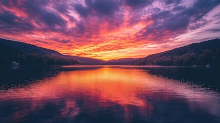 Wall Mural - A glowing twilight sky with rich orange and purple tones, casting a warm reflection across calm waters below