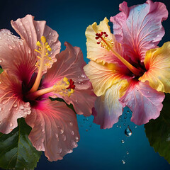  two hibiscus flowers with a vivid mix of blue, pink, and yellow petals