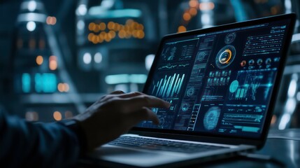 Fototapete - A person's hand pointing at a laptop screen with futuristic data on the screen in a futuristic setting.