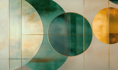 A green and gold abstract painting with a blue circle in the middle