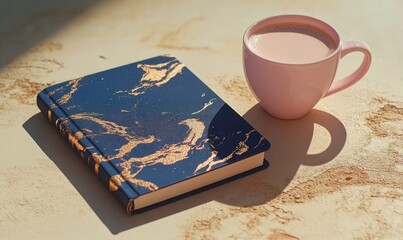 A book with a blue cover and gold trim sits on a table next to a pink coffee cup