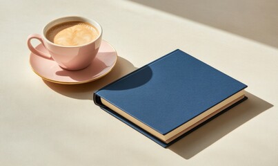 A blue book sits on a table next to a pink cup of coffee